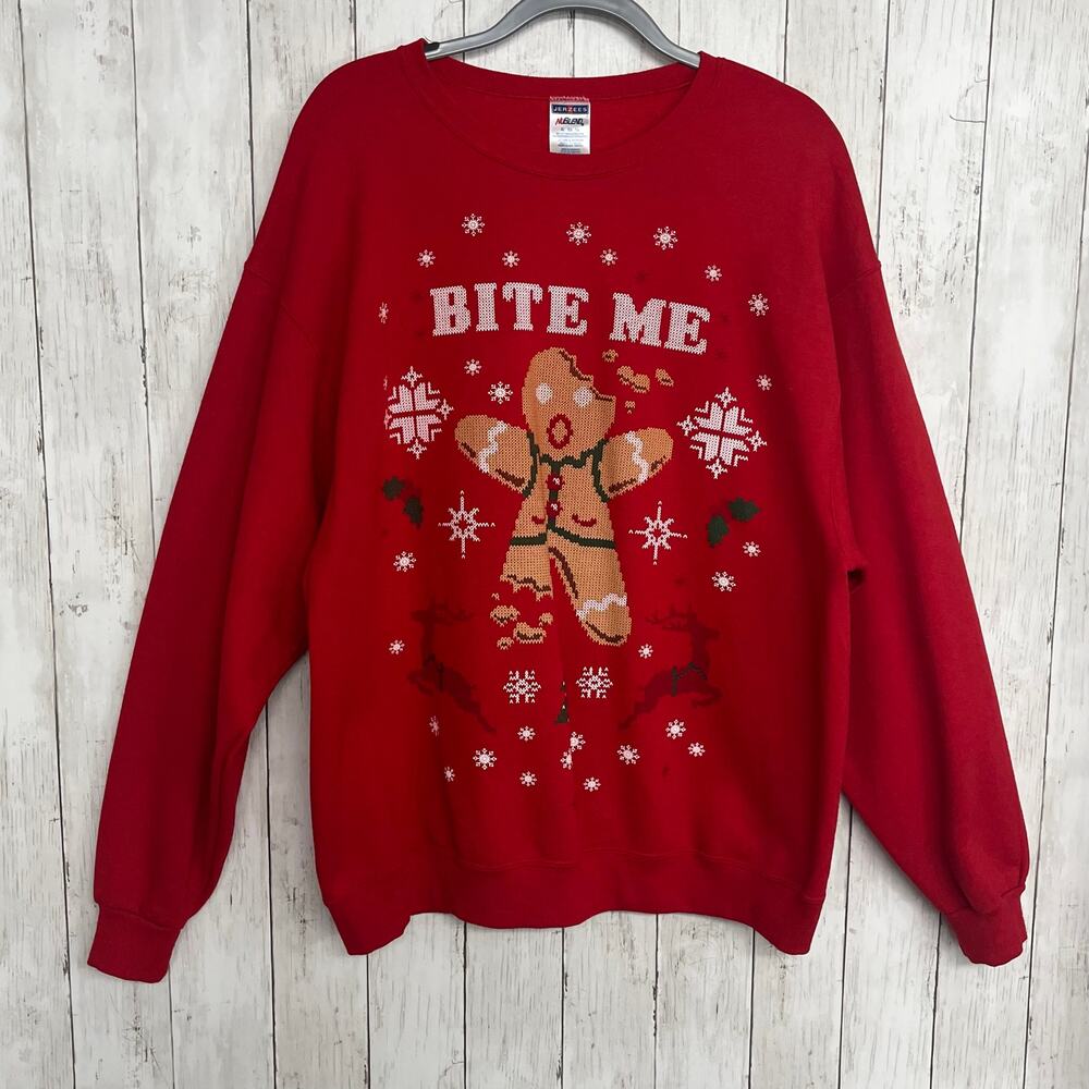 Gingerbread Bite Me Christmas Long Sleeve Pull Over Red Holiday Sweatshirt XL